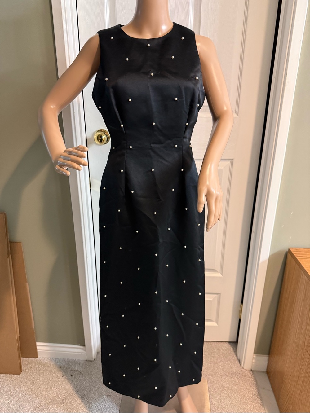 Vintage Evan Picone Evening Black Satin Pearls Midi Maxi Dress Size 8